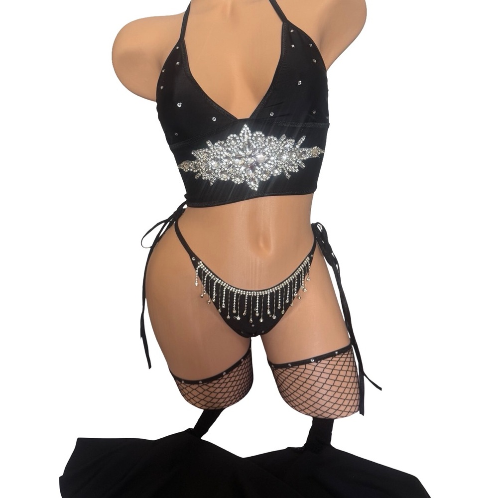 Black Rhinestone thong Bikini with Halter Top & thigh highs -exotic Dancewear
